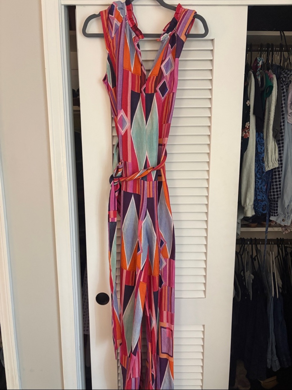 Anthropologie Multicolor Geometric Ruffle-Trim Jumpsuit